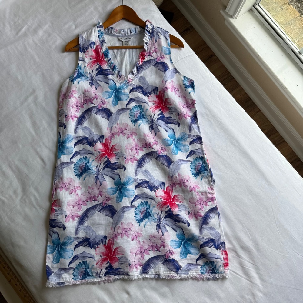 Tommy Bahama Womens Linen Floral Ruffle V-Neck Shift Dress White Pink Blue Med